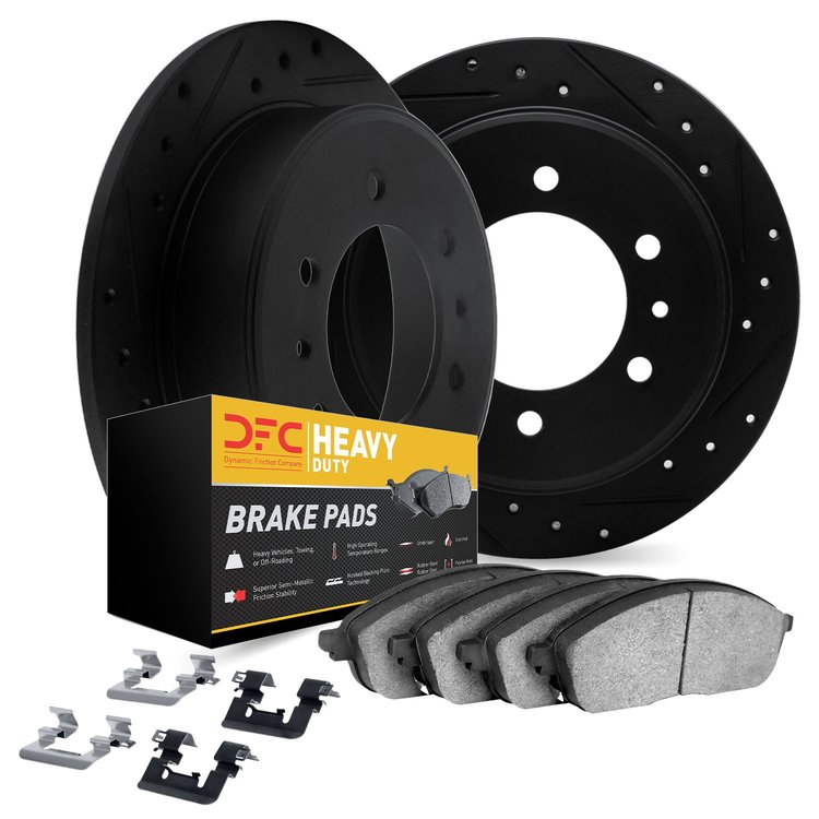 8212-40168 Drilled/Slotted Rotors w/Heavy-Duty Brake Pads Kit & Hardware [Black], 2003-2004 Mopar, Position: Rear