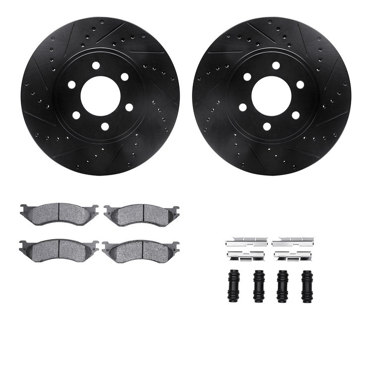8212-40169 Drilled/Slotted Rotors w/Heavy-Duty Brake Pads Kit & Hardware [Black], 2003-2003 Mopar, Position: Front