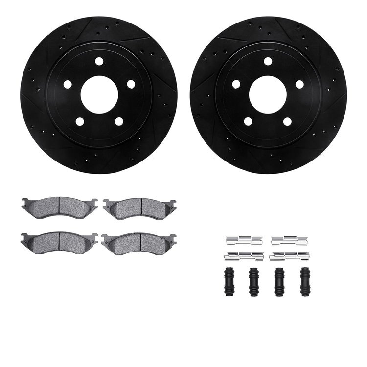 8212-40176 Drilled/Slotted Rotors w/Heavy-Duty Brake Pads Kit & Hardware [Black], 2004-2006 Mopar, Position: Rear