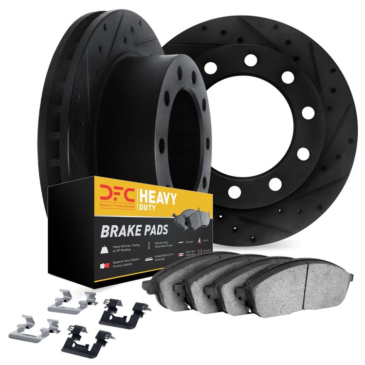 8212-40190 Drilled/Slotted Rotors w/Heavy-Duty Brake Pads Kit & Hardware [Black], 2005-2017 Multiple Makes/Models, Position: Fro