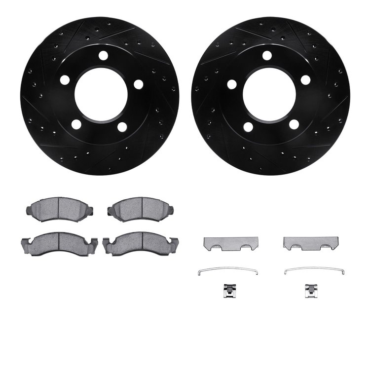 8212-42082 Drilled/Slotted Rotors w/Heavy-Duty Brake Pads Kit & Hardware [Black], 1976-1978 Mopar, Position: Front