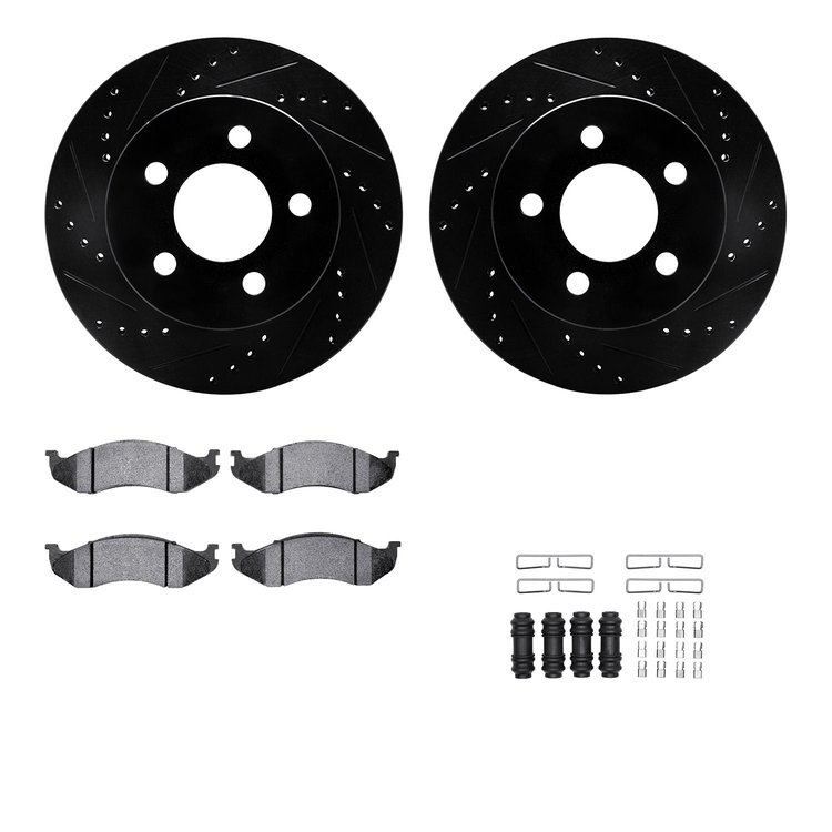 8212-42098 Drilled/Slotted Rotors w/Heavy-Duty Brake Pads Kit & Hardware [Black], 1999-2006 Mopar, Position: Front
