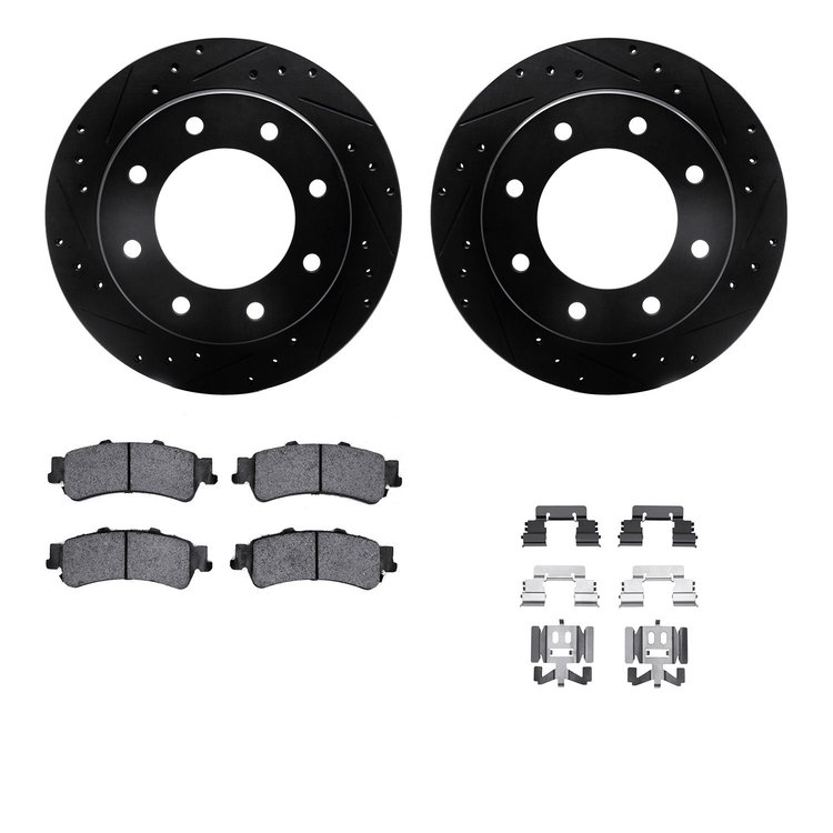 8212-46001 Drilled/Slotted Rotors w/Heavy-Duty Brake Pads Kit & Hardware [Black], 2000-2011 GM, Position: Rear