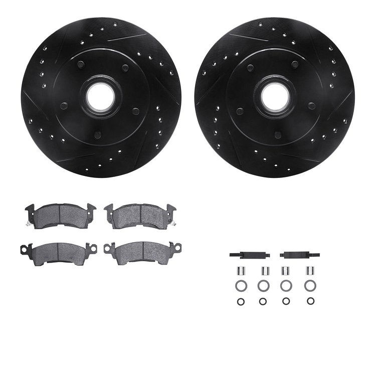 8212-47033 Drilled/Slotted Rotors w/Heavy-Duty Brake Pads Kit & Hardware [Black], 1978-1990 GM, Position: Front