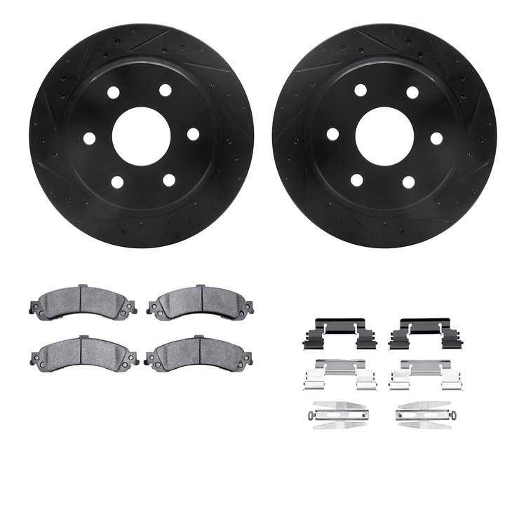 8212-48014 Drilled/Slotted Rotors w/Heavy-Duty Brake Pads Kit & Hardware [Black], 2000-2006 GM, Position: Rear