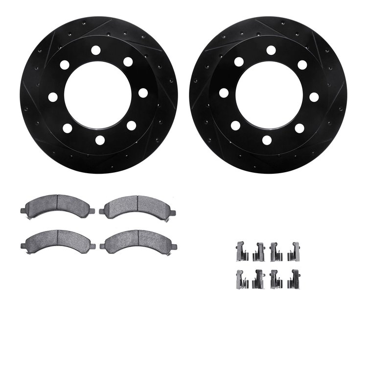8212-48018 Drilled/Slotted Rotors w/Heavy-Duty Brake Pads Kit & Hardware [Black], 2003-2008 GM, Position: Rear