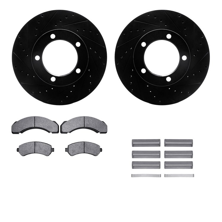 8212-48104 Drilled/Slotted Rotors w/Heavy-Duty Brake Pads Kit & Hardware [Black], 1994-2000 GM, Position: Front