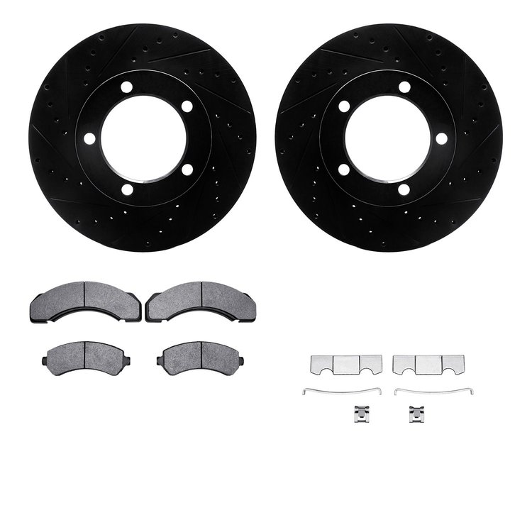 8212-48105 Drilled/Slotted Rotors w/Heavy-Duty Brake Pads Kit & Hardware [Black], 1994-2000 GM, Position: Front