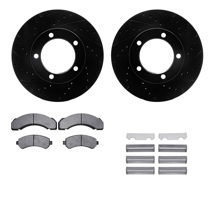 8212-48106 Drilled/Slotted Rotors w/Heavy-Duty Brake Pads Kit & Hardware [Black], 1997-2005 Multiple Makes/Models, Position: Fro