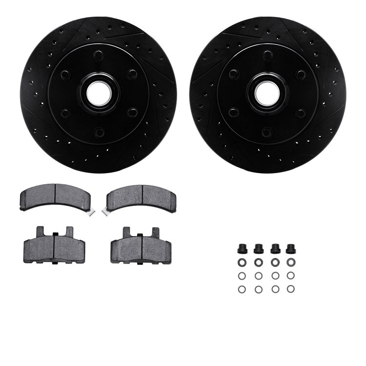 8212-48113 Drilled/Slotted Rotors w/Heavy-Duty Brake Pads Kit & Hardware [Black], 1994-2002 GM, Position: Front