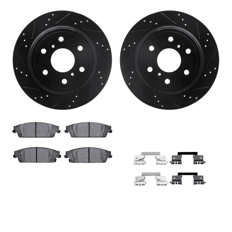 8212-48149 Drilled/Slotted Rotors w/Heavy-Duty Brake Pads Kit & Hardware [Black], 2014-2020 GM, Position: Rear