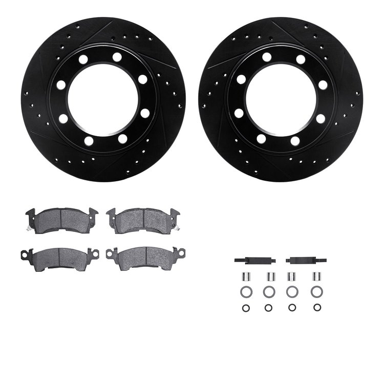 8212-48163 Drilled/Slotted Rotors w/Heavy-Duty Brake Pads Kit & Hardware [Black], 1971-1988 Multiple Makes/Models, Position: Fro