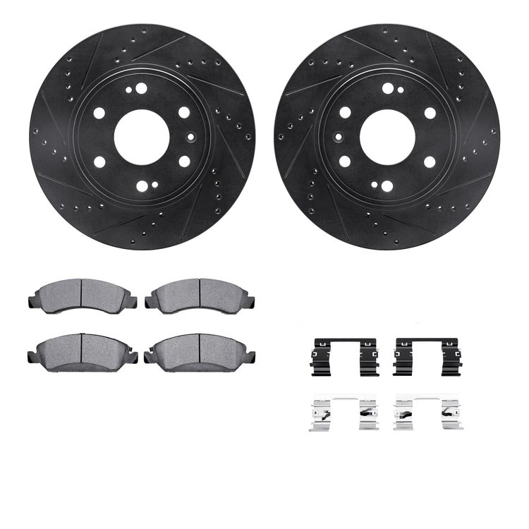 8212-48172 Drilled/Slotted Rotors w/Heavy-Duty Brake Pads Kit & Hardware [Black], 2009-2020 GM, Position: Front