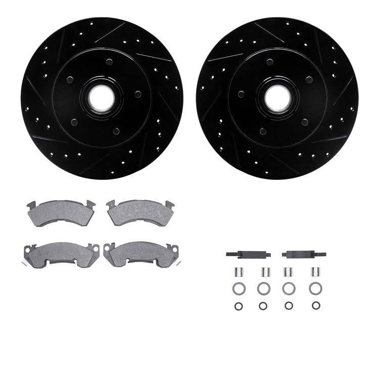 8212-51002 Drilled/Slotted Rotors w/Heavy-Duty Brake Pads Kit & Hardware [Black], 1991-1996 GM, Position: Front