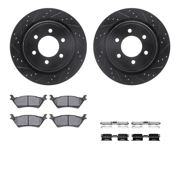 8212-54010 Drilled/Slotted Rotors w/Heavy-Duty Brake Pads Kit & Hardware [Black], 2012-2020 Ford/Lincoln/Mercury/Mazda, Position