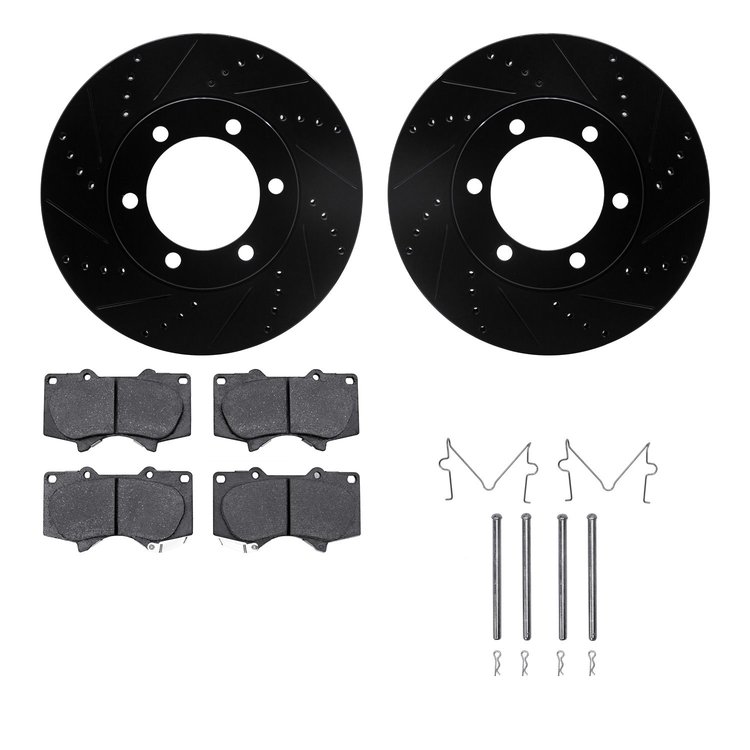 8212-76002 Drilled/Slotted Rotors w/Heavy-Duty Brake Pads Kit & Hardware [Black], 2000-2007 Lexus/Toyota/Scion, Position: Front