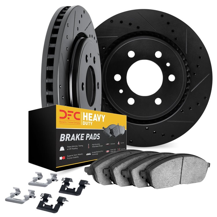8212-92001 Drilled/Slotted Rotors w/Heavy-Duty Brake Pads Kit & Hardware [Black], 2008-2017 Mitsubishi, Position: Front