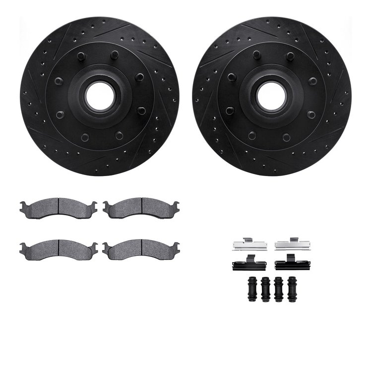 8212-99116 Drilled/Slotted Rotors w/Heavy-Duty Brake Pads Kit & Hardware [Black], 1995-2000 Ford/Lincoln/Mercury/Mazda, Position