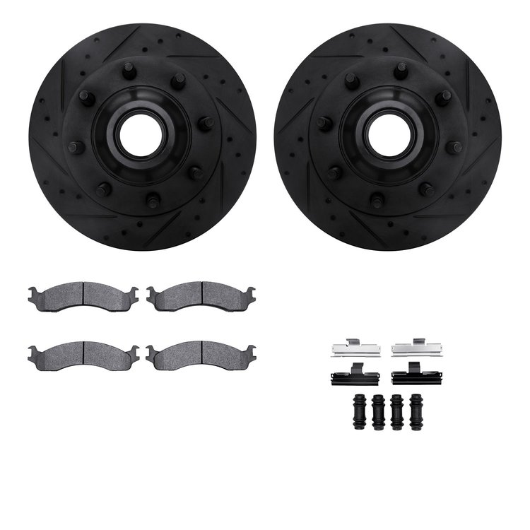 8212-99118 Drilled/Slotted Rotors w/Heavy-Duty Brake Pads Kit & Hardware [Black], 1995-2007 Ford/Lincoln/Mercury/Mazda, Position