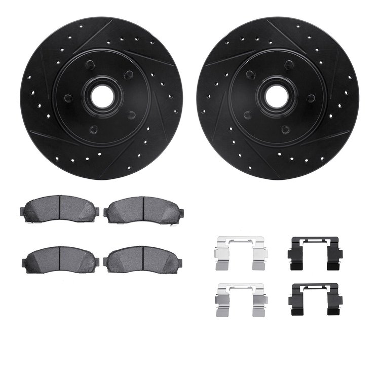 8212-99124 Drilled/Slotted Rotors w/Heavy-Duty Brake Pads Kit & Hardware [Black], 2003-2011 Ford/Lincoln/Mercury/Mazda, Position
