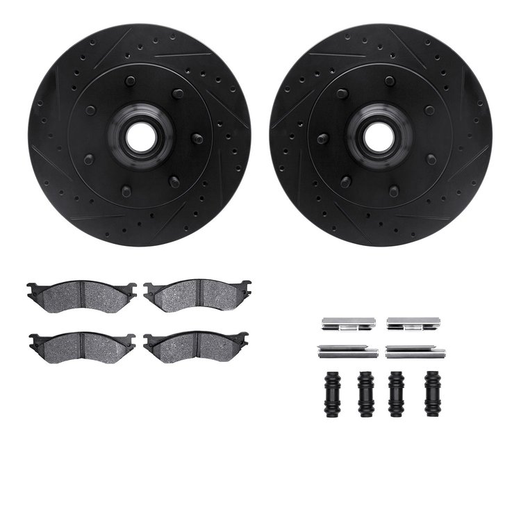 8212-99136 Drilled/Slotted Rotors w/Heavy-Duty Brake Pads Kit & Hardware [Black], 1997-2004 Ford/Lincoln/Mercury/Mazda, Position