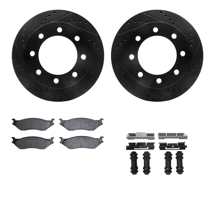8212-99144 Drilled/Slotted Rotors w/Heavy-Duty Brake Pads Kit & Hardware [Black], 1999-2001 Ford/Lincoln/Mercury/Mazda, Position