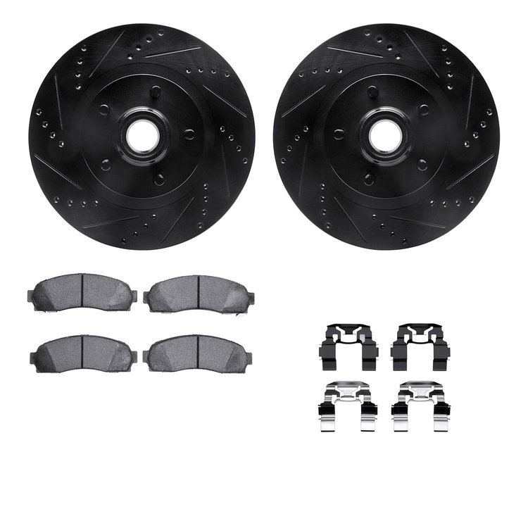 8212-99165 Drilled/Slotted Rotors w/Heavy-Duty Brake Pads Kit & Hardware [Black], 2001-2005 Ford/Lincoln/Mercury/Mazda, Position