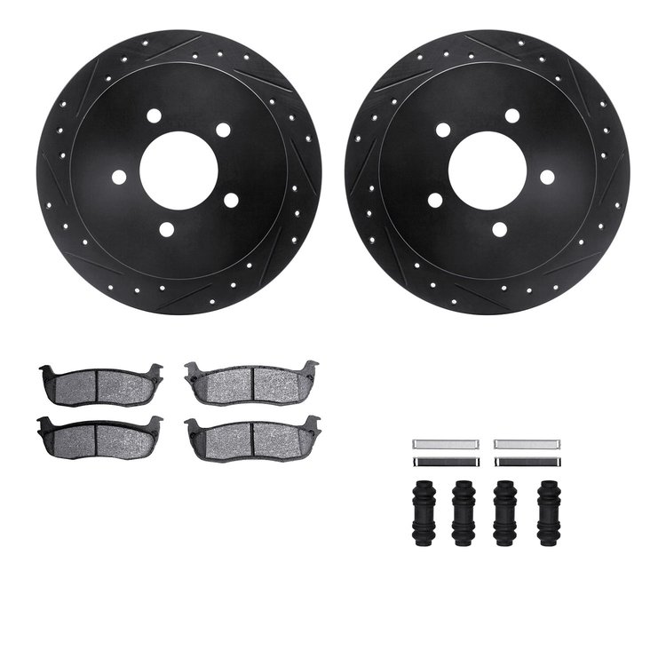 8212-99167 Drilled/Slotted Rotors w/Heavy-Duty Brake Pads Kit & Hardware [Black], 1997-2004 Ford/Lincoln/Mercury/Mazda, Position