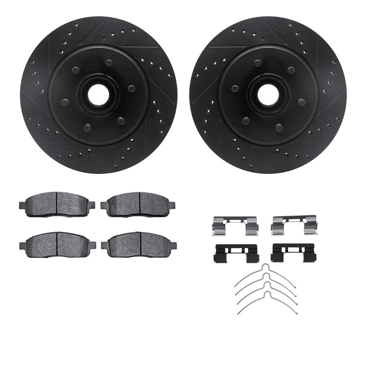 8212-99182 Drilled/Slotted Rotors w/Heavy-Duty Brake Pads Kit & Hardware [Black], 2004-2008 Ford/Lincoln/Mercury/Mazda, Position