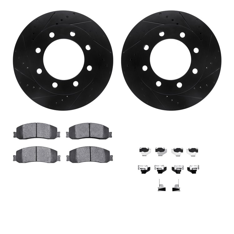8212-99201 Drilled/Slotted Rotors w/Heavy-Duty Brake Pads Kit & Hardware [Black], 2010-2012 Ford/Lincoln/Mercury/Mazda, Position