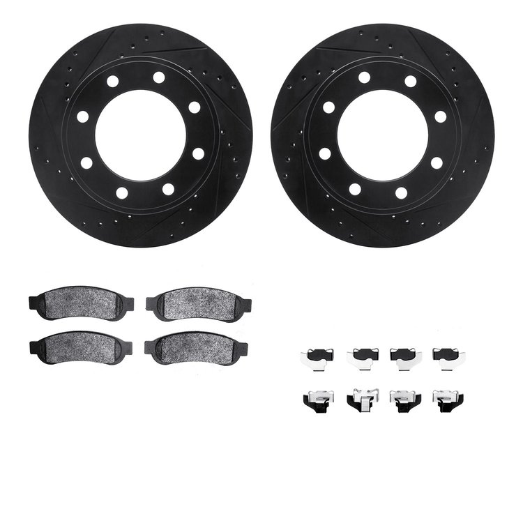 8212-99204 Drilled/Slotted Rotors w/Heavy-Duty Brake Pads Kit & Hardware [Black], 2010-2012 Ford/Lincoln/Mercury/Mazda, Position