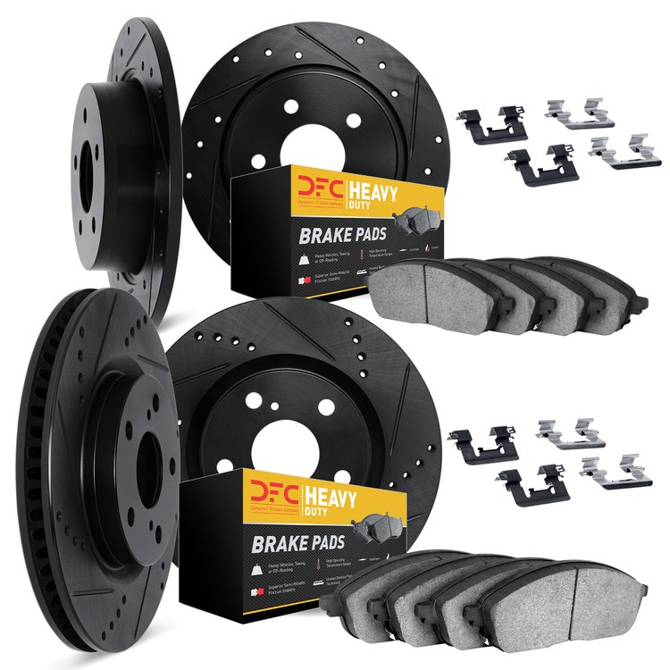 8214-40224 Drilled/Slotted Rotors w/Heavy-Duty Brake Pads Kit & Hardware [Black], 2002-2006 Multiple Makes/Models, Position: Fro