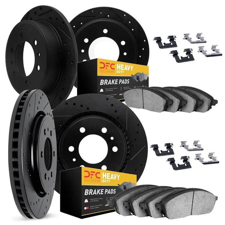 8214-40231 Drilled/Slotted Rotors w/Heavy-Duty Brake Pads Kit & Hardware [Black], 2007-2018 Multiple Makes/Models, Position: Fro
