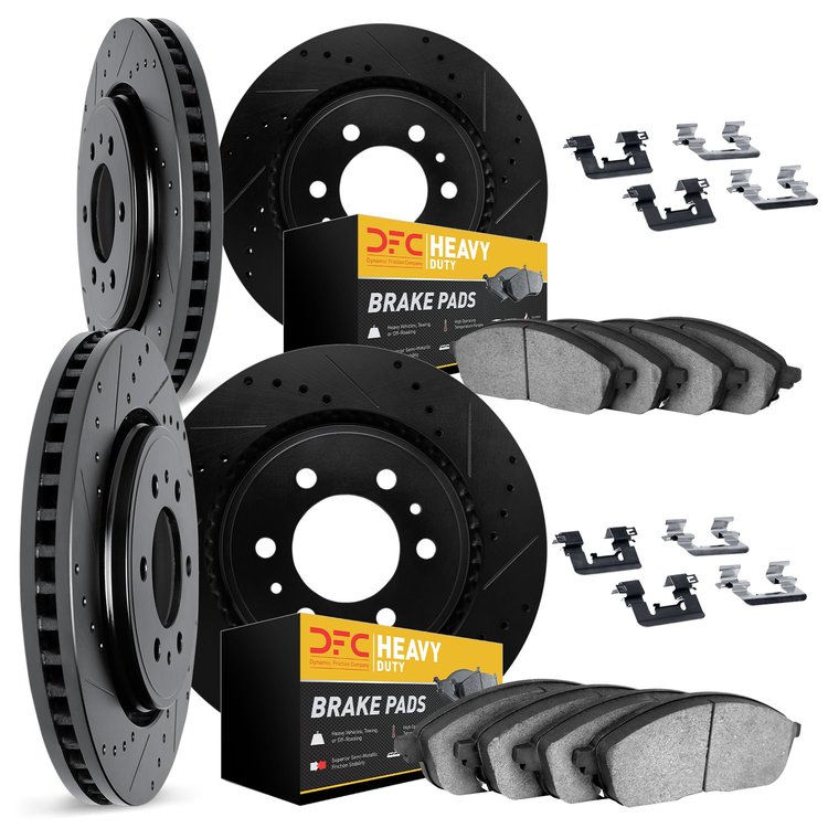 8214-48018 Drilled/Slotted Rotors w/Heavy-Duty Brake Pads Kit & Hardware [Black], 2009-2014 GM, Position: Front and Rear
