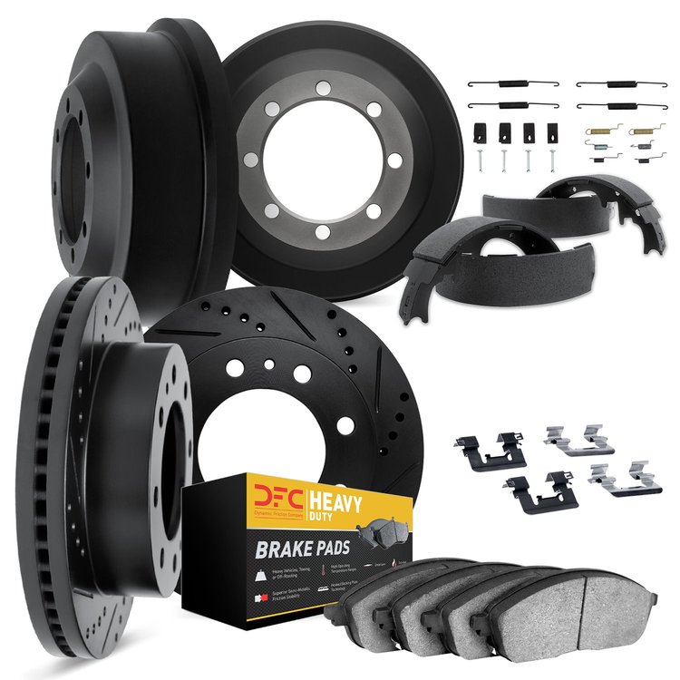 8214-48062 Drilled/Slotted Rotors w/Heavy-Duty Brake Pads/Drums/Shoes & Hardware Kit [Black], 1994-1995 GM, Position: Front and 