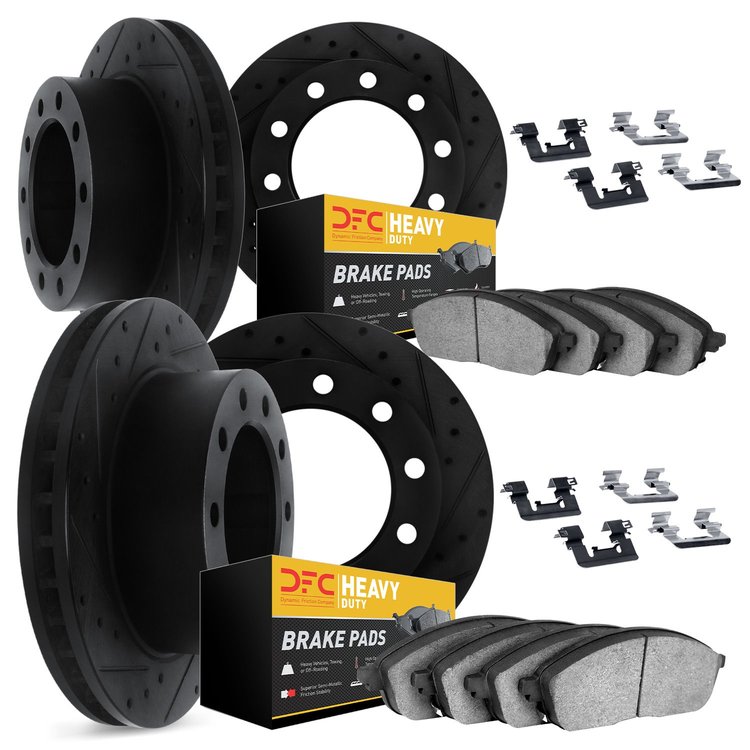 8214-48156 Drilled/Slotted Rotors w/Heavy-Duty Brake Pads Kit & Hardware [Black], 1976-2005 Multiple Makes/Models, Position: Fro