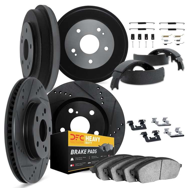 8214-54335 Drilled/Slotted Rotors w/Heavy-Duty Brake Pads/Drums/Shoes & Hardware Kit [Black], 1991-1994 Ford/Lincoln/Mercury/Maz
