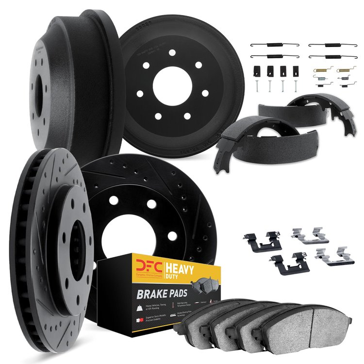 8214-54347 Drilled/Slotted Rotors w/Heavy-Duty Brake Pads/Drums/Shoes & Hardware Kit [Black], 1997-2004 Ford/Lincoln/Mercury/Maz