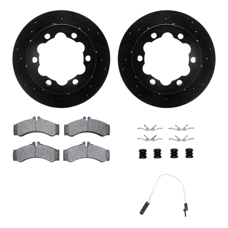 8222-40004 Drilled/Slotted Rotors w/Heavy-Duty Brake Pads/Sensor & Hardware [Silver], 2006-2006 Mopar, Position: Rear