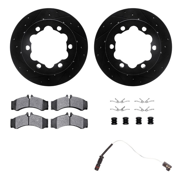 8222-40005 Drilled/Slotted Rotors w/Heavy-Duty Brake Pads/Sensor & Hardware [Silver], 2006-2006 Mopar, Position: Rear