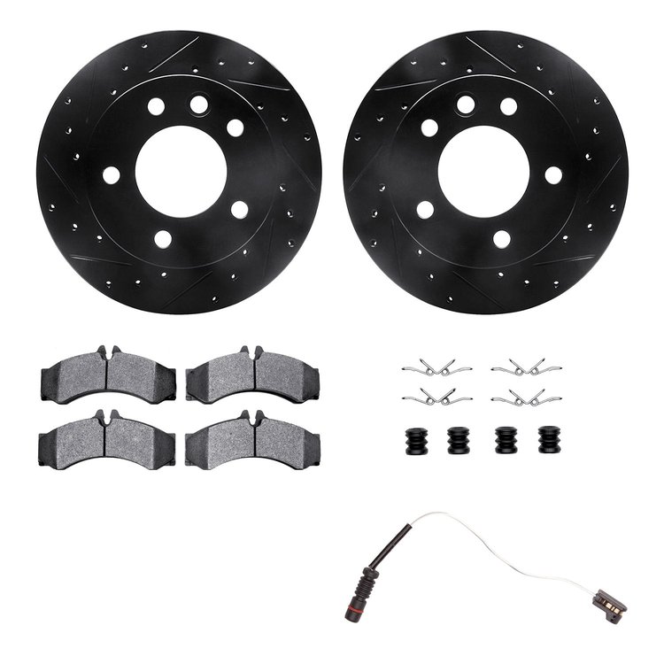 8222-40010 Drilled/Slotted Rotors w/Heavy-Duty Brake Pads/Sensor & Hardware [Silver], 2003-2006 Mopar, Position: Front
