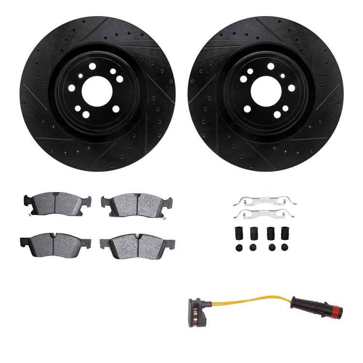 8222-63003 Drilled/Slotted Rotors w/Heavy-Duty Brake Pads/Sensor & Hardware [Silver], 2013-2019 Mercedes-Benz, Position: Front