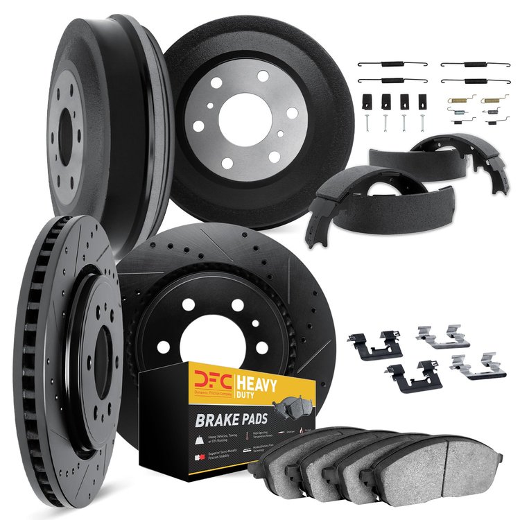 8284-40196 Drilled/Slotted Rotors w/Heavy-Duty Brake Pads/Drums/Shoes/Hardware/Adjusters [Silver], 2003-2004 Mopar, Position: Fr