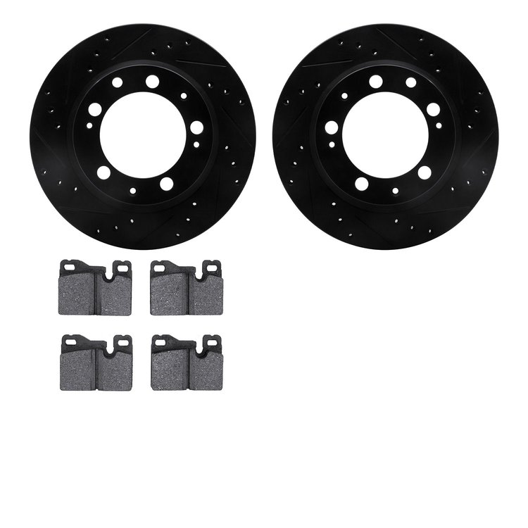 8302-02011 Drilled/Slotted Brake Rotors with 3000-Series Ceramic Brake Pads Kit [Black], 1977-1988 Porsche, Position: Rear