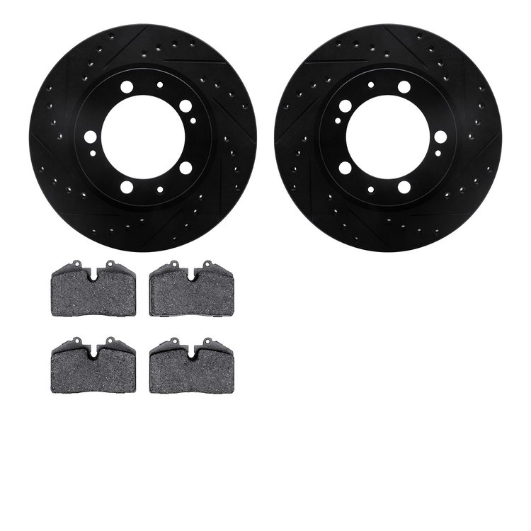 8302-02018 Drilled/Slotted Brake Rotors with 3000-Series Ceramic Brake Pads Kit [Black], 1989-1997 Porsche, Position: Front