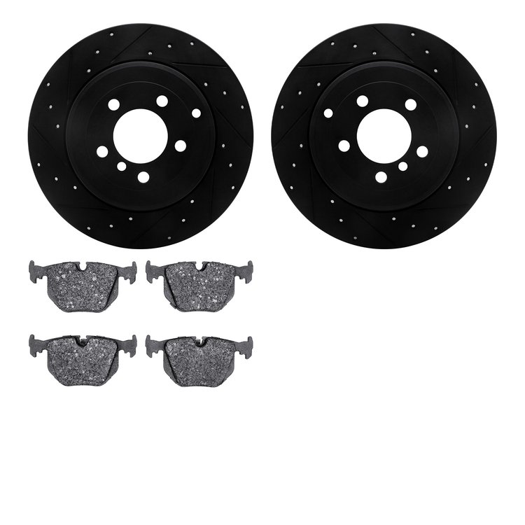 8302-11011 Drilled/Slotted Brake Rotors with 3000-Series Ceramic Brake Pads Kit [Black], 2003-2005 Land Rover, Position: Rear