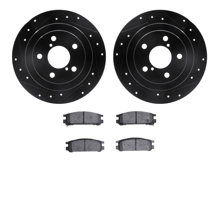 8302-13014 Drilled/Slotted Brake Rotors with 3000-Series Ceramic Brake Pads Kit [Black], 1990-1999 Subaru, Position: Rear