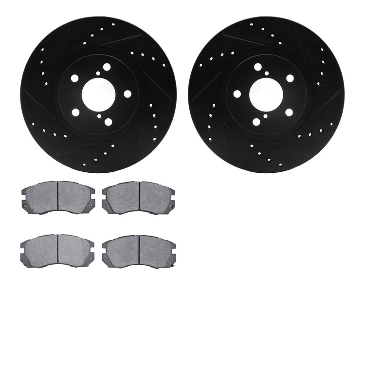8302-13019 Drilled/Slotted Brake Rotors with 3000-Series Ceramic Brake Pads Kit [Black], 1990-1996 Subaru, Position: Front