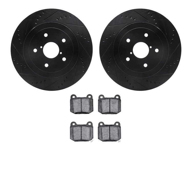 8302-13031 Drilled/Slotted Brake Rotors with 3000-Series Ceramic Brake Pads Kit [Black], 2005-2007 Subaru, Position: Rear