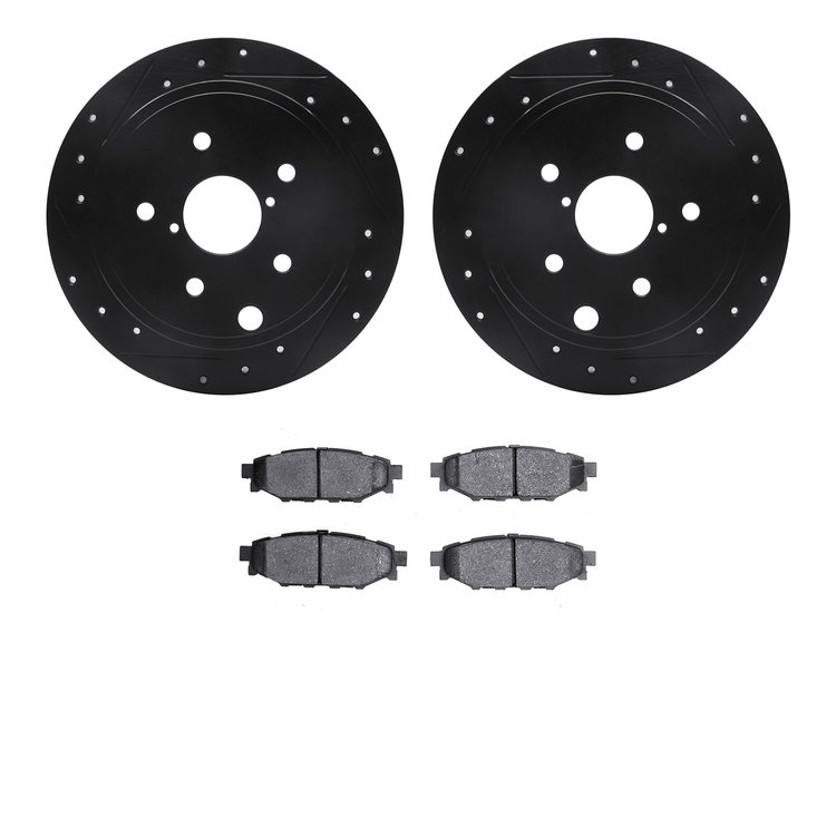 8302-13042 Drilled/Slotted Brake Rotors with 3000-Series Ceramic Brake Pads Kit [Black], 2015-2021 Subaru, Position: Rear